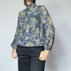 Seven for All Mankind Weekend Silk Floral Blouse High Neck, Sheer Sleeves, S